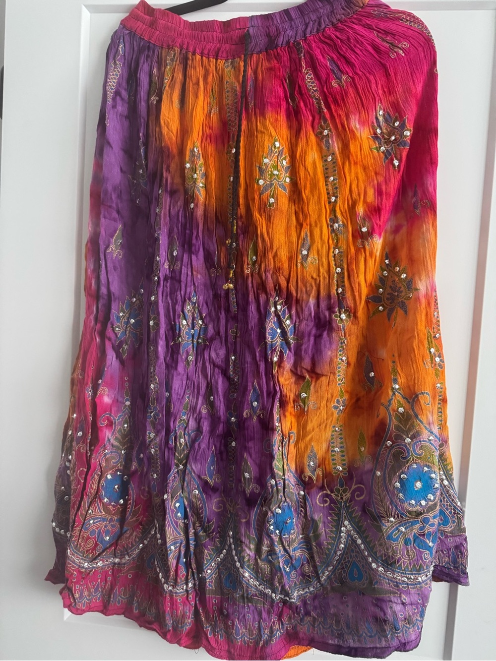Vibrant Tie-Dye Embellished Boho Skirt — Pink, Orange, Purple